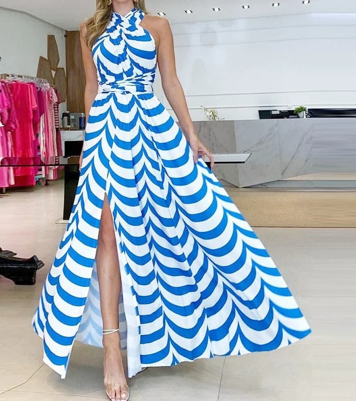 UForever21 Womens Maxi Dress Halterneck Design Slit Ripple Print Sleeveless Elegant Casual Style Long Skirt