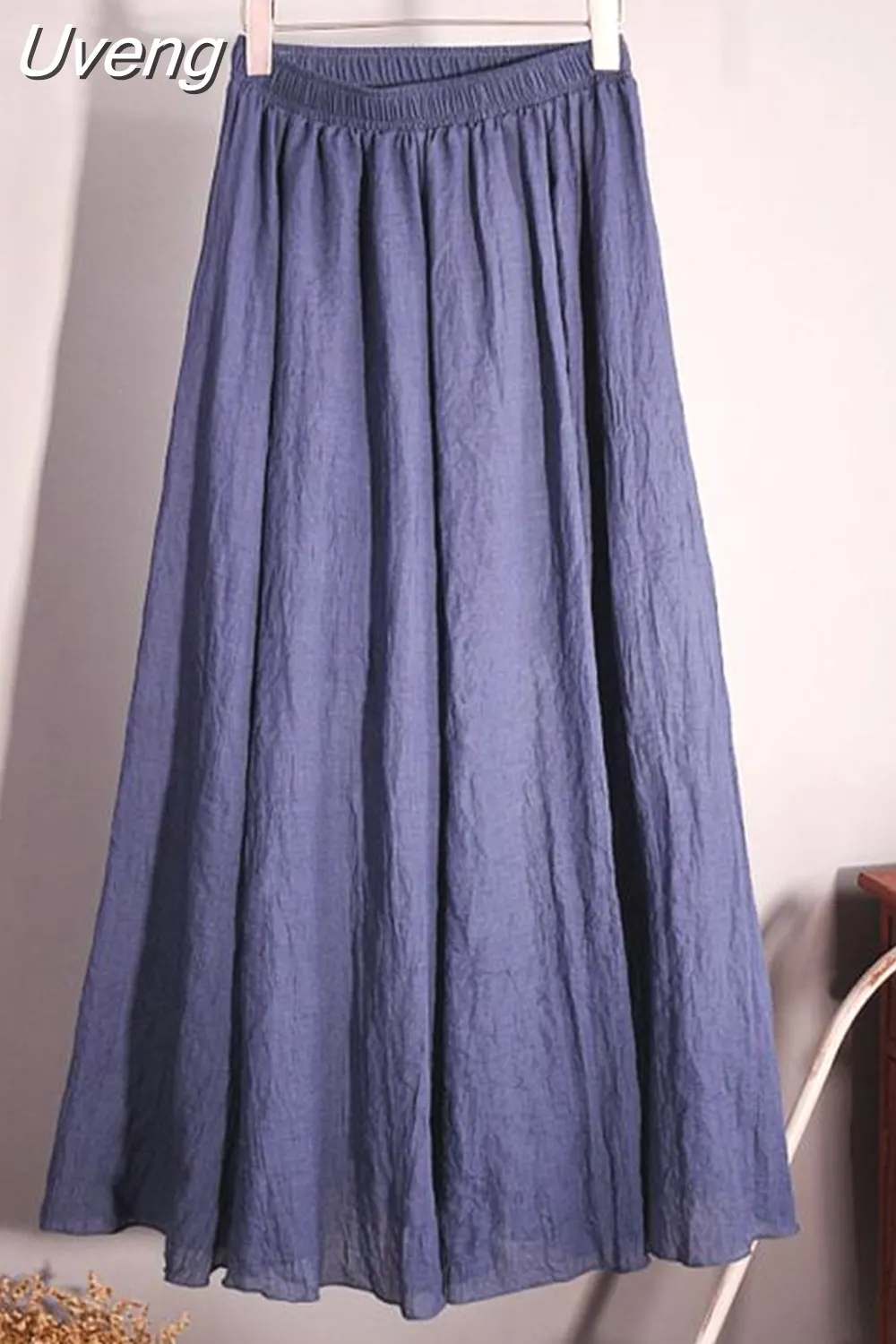 Uveng Women's Elegant 16 Color High Waist Elastic Waist Linen Pleated Long Skirts Ladies Slim Casual Skirt Saias New 2023 Summer SK05