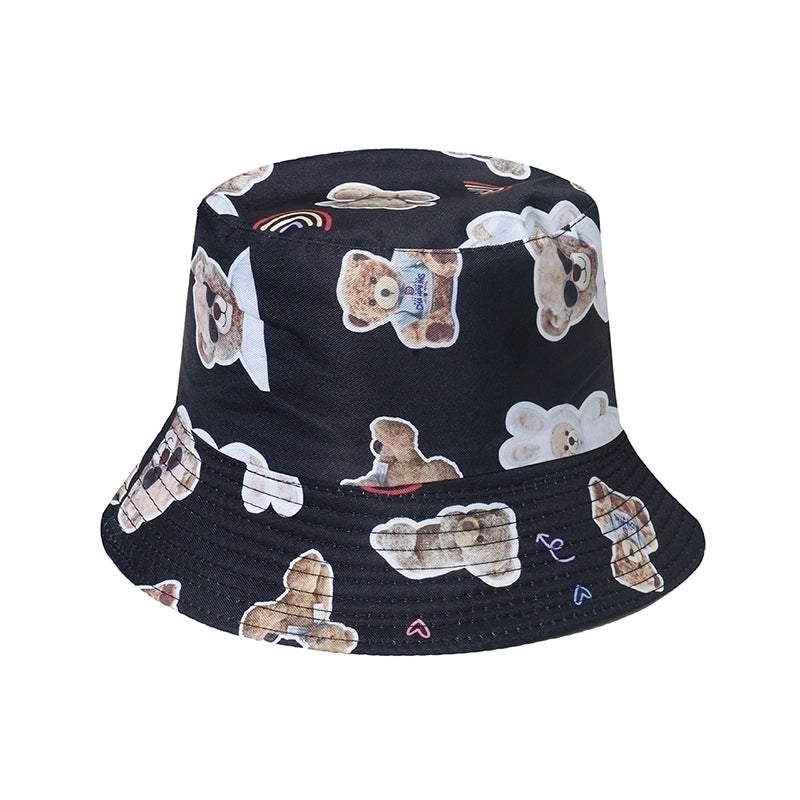 Women’s Hip-hop Bear Printing Flat Eaves Bucket Hat