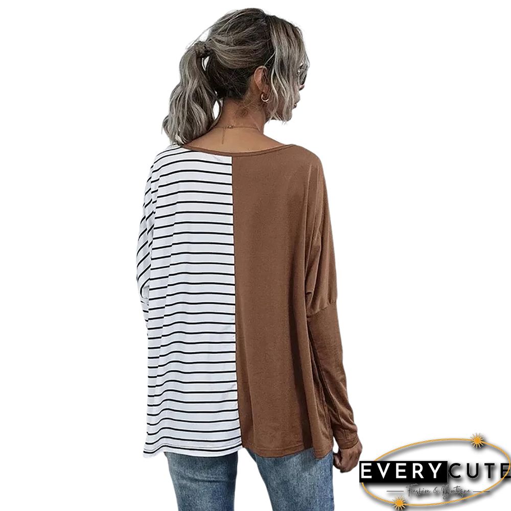 Khaki Stripe Contrast Long Sleeve Tops