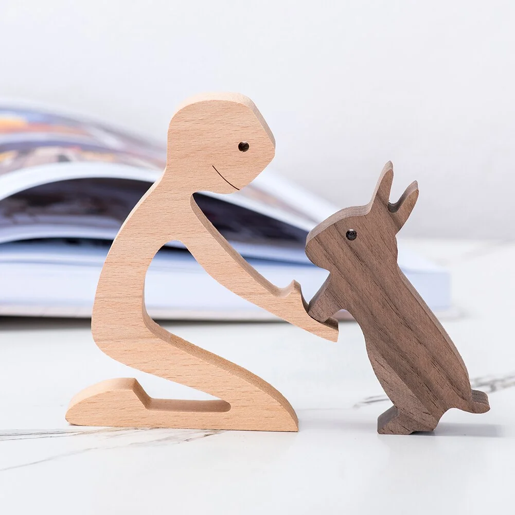 Wood Puppy Family Table Figurin Decor Ornaments Wooden Dog Craft Statue Home Decoration Cute Human and Pets Sculpture Craft Gift