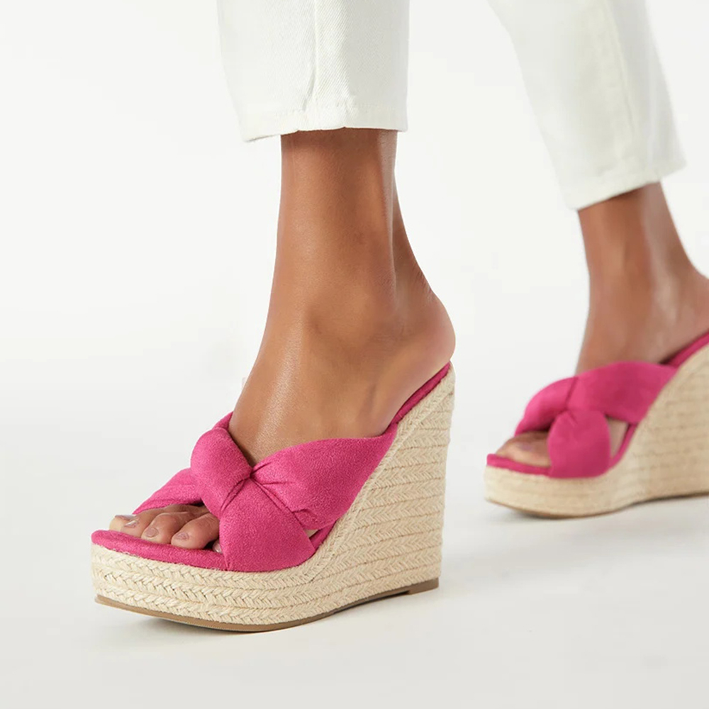 Pink Open Toe 4'' Wedge Heel Crisscross Platform Mules Nicepairs