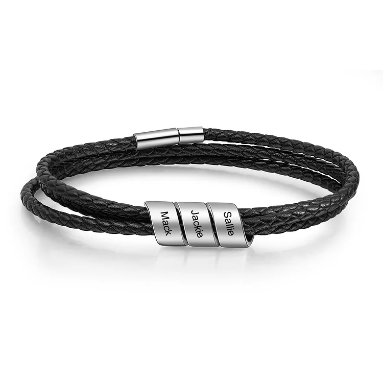 Men Braided Leather Bracelet With Beads Engraved 3 Names Family Bracelet