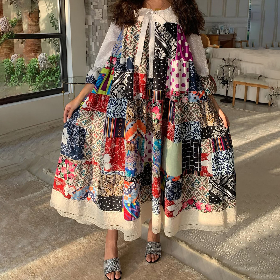 Women's Middle Eastern Retro Patchwork Art Print Jalabiya