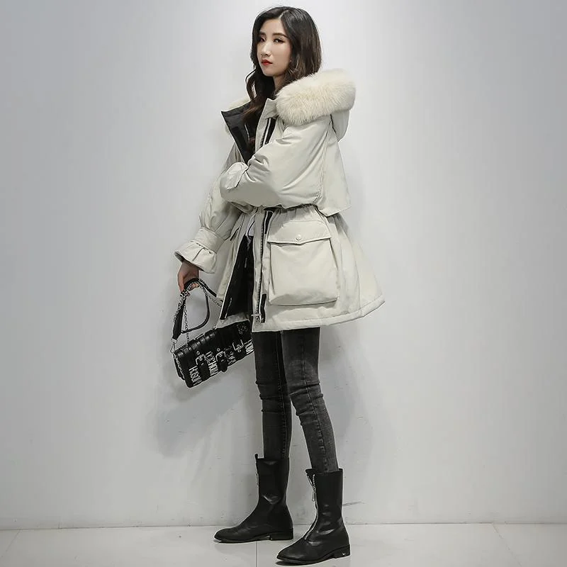 Fitaylor Large Natural Fox Fur Hooded Winter Jacket Women 90% White Duck Down Thick Parkas Warm Sash Tie Up Snow Coat