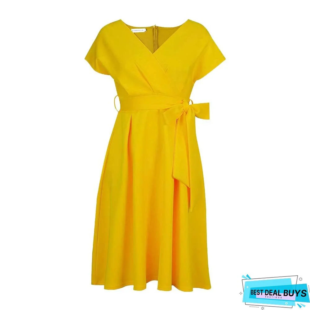 V-Neck Solid Color Waist Bow Tie Dress White Dresses