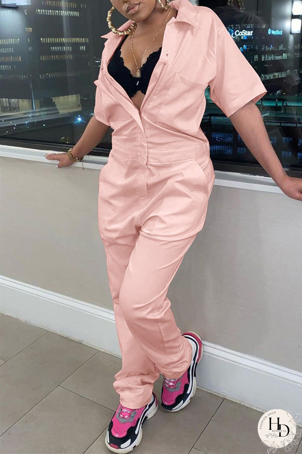 Grey Fashion Casual Solid Basic Turndown Collar Regular Jumpsuits