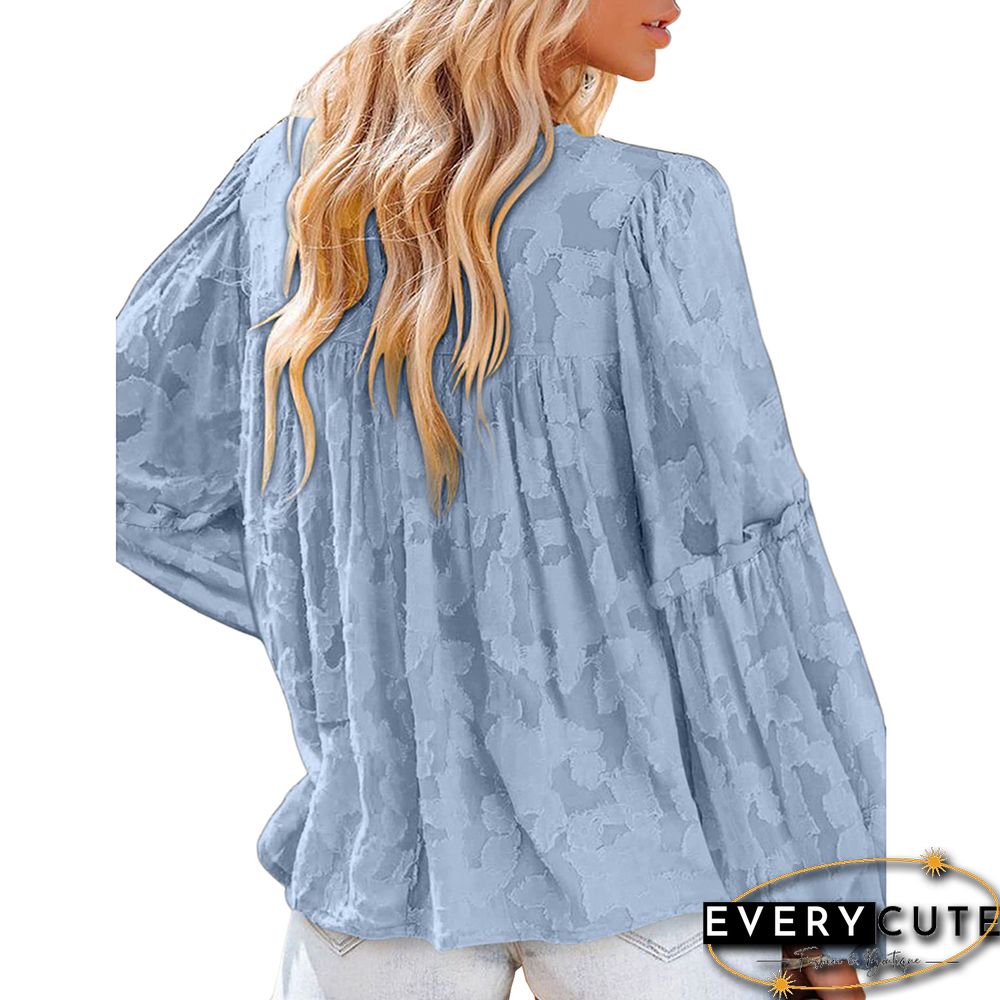Light Blue Jacquard Puff Long Sleeve Blouse