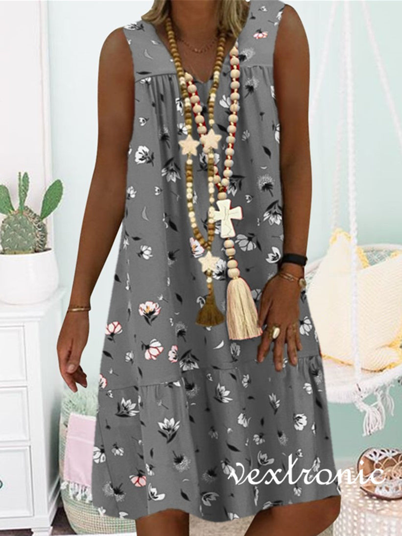 Women Sleeveless V-Neck Graphic Midi Dress