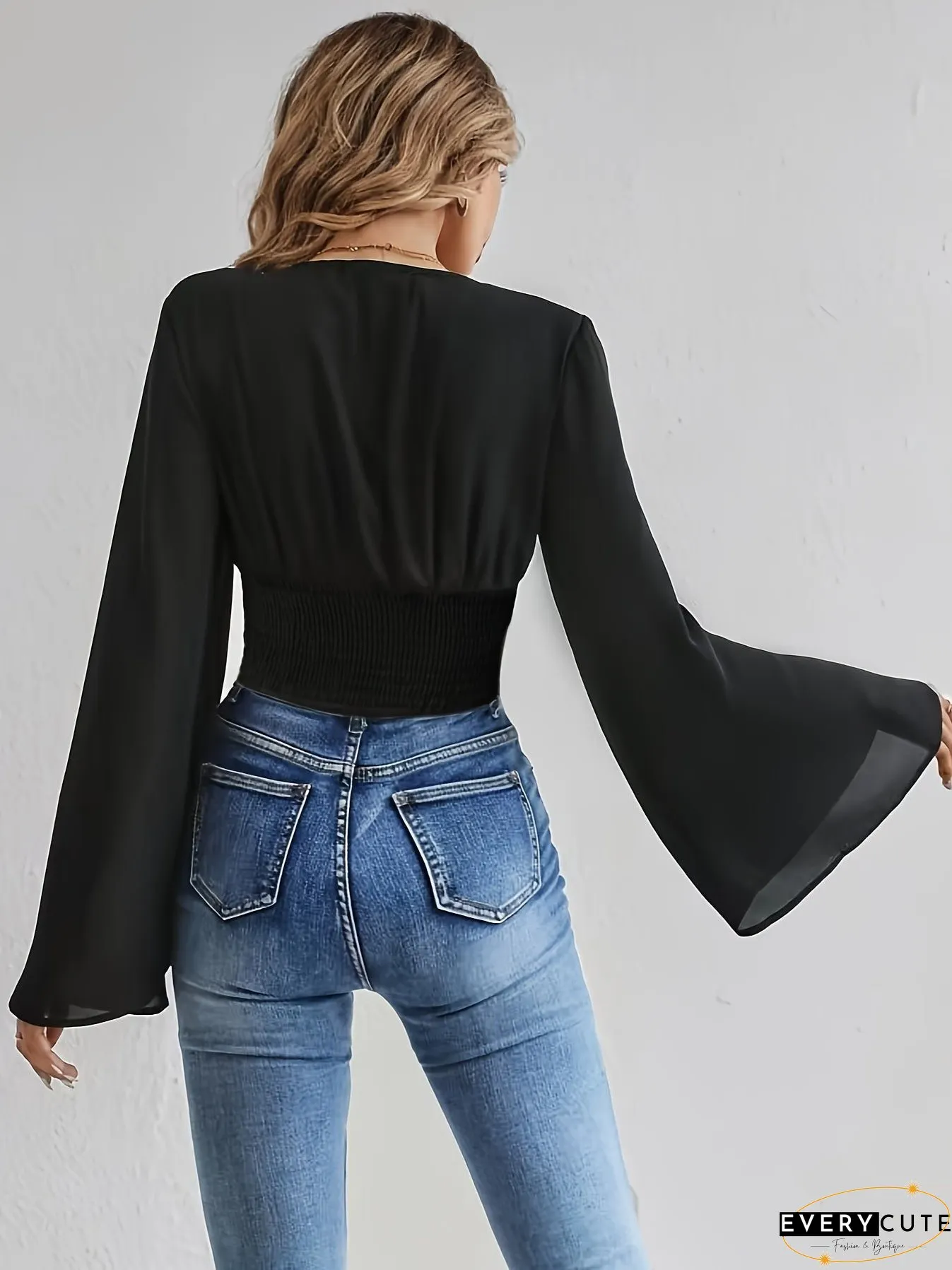 Solid V Neck Blouse, Casual Long Flare Sleeve Blouse For Spring & Fall, Women's Clothing