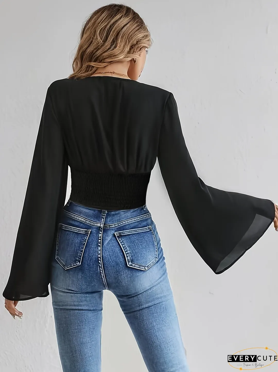 Solid V Neck Blouse, Casual Long Flare Sleeve Blouse For Spring & Fall, Women's Clothing