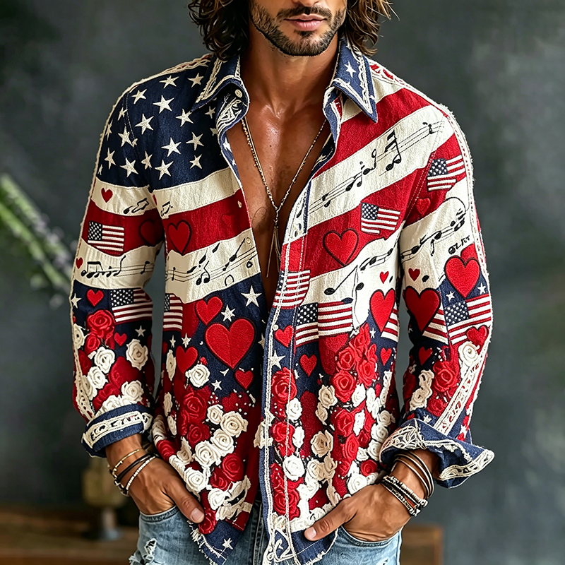  Men's Vintage Floral Flag Musical Art Print Flowy Linen Blend Shirt Westsshops