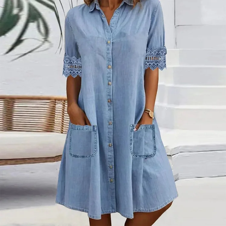 ⏳Blue Plain Collared Lace Trim Denim MIni Dress 