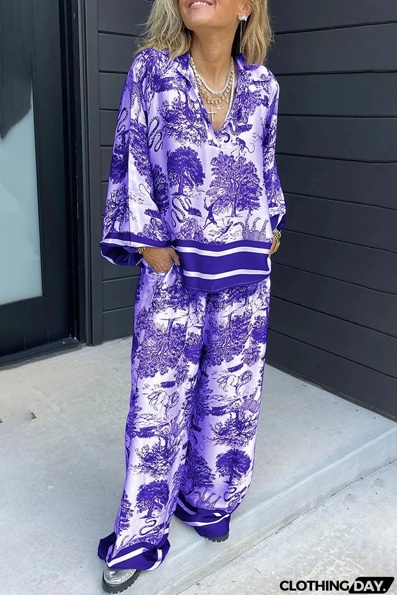 Casual Street Floral Print Distressed Draw String Pocket V Neck Long Sleeve Two Pieces(8 Colors)