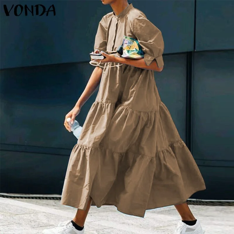 Mid-Calf Dress 2022 VONDA Woman Summer O Neck Short Lantern Sleeve Dresses Bohemian Party Vestidos Femme Mid-Calf Length Robes