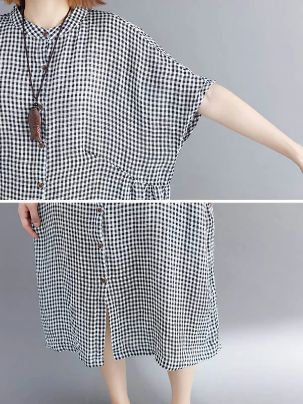 Artistic Retro Loose Plaid Midi Dress with Split-Joint Design