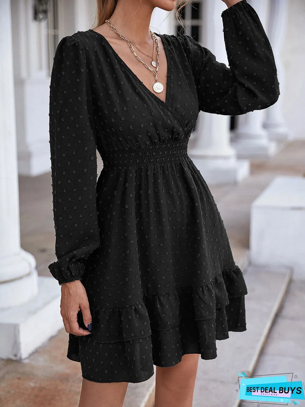 V-Neck Long-Sleeve Flounces Trim Commuter Dress For Women