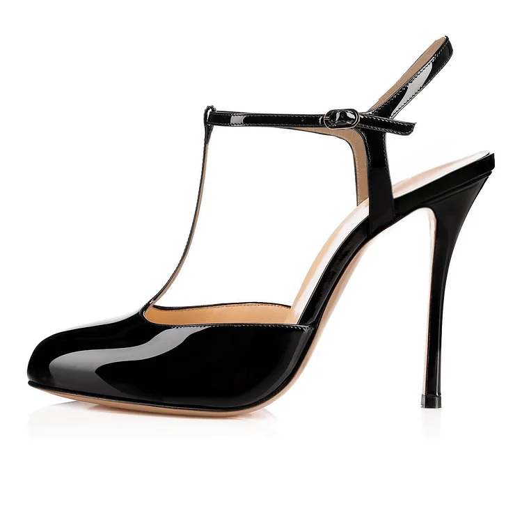 Black Patent Leather Classy T-Strap Stiletto Heel Sandals Vdcoo