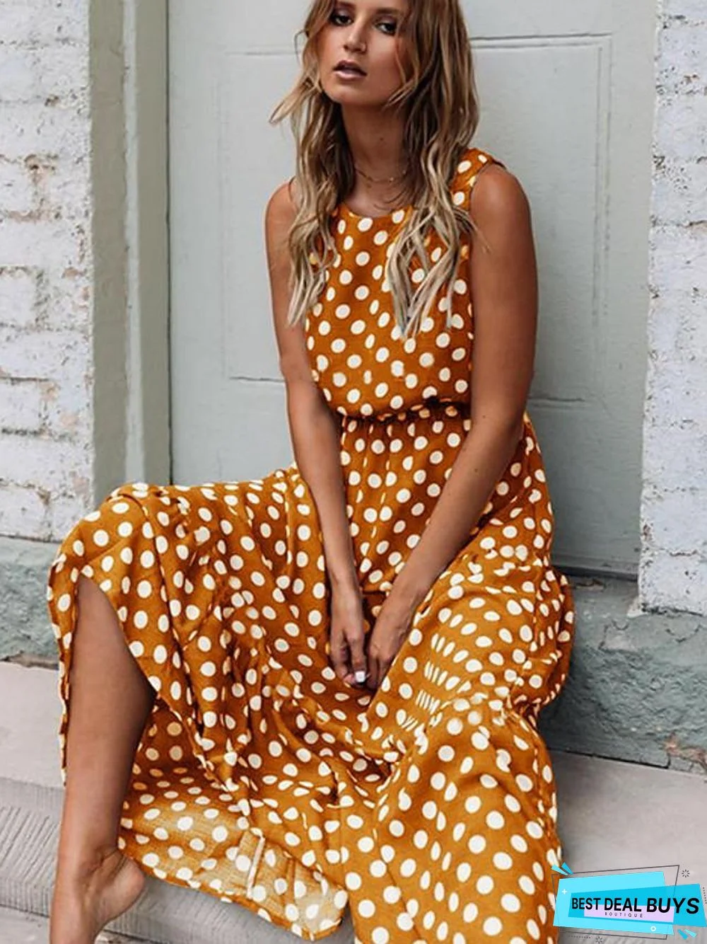 Women's Swing Dress Maxi Long Dress - Sleeveless Polka Dot Spring & Summer Hot Elegant Slim Black Yellow Navy Blue Khaki Green Black Dresses