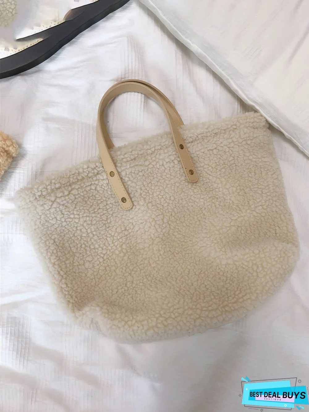 Pure Color Lambswool Large Capacity Handbag