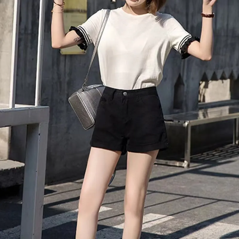 Brownm Brownm Waist Black Denim Shorts Female Summer Students Loose Thin A-Word Wide Leg Pants Hot Pants Korean Version Tide