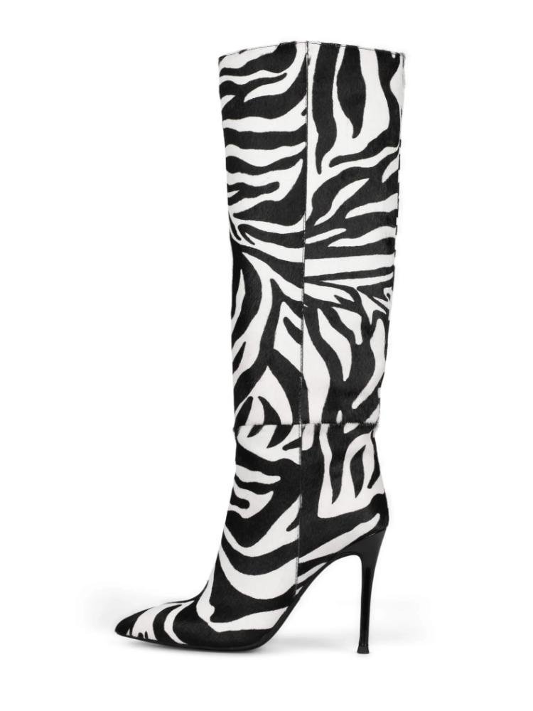 Fashion Zebra Stripes Faux-Fur Mid-Calf Pointed-Toe Stiletto Heel Boots
