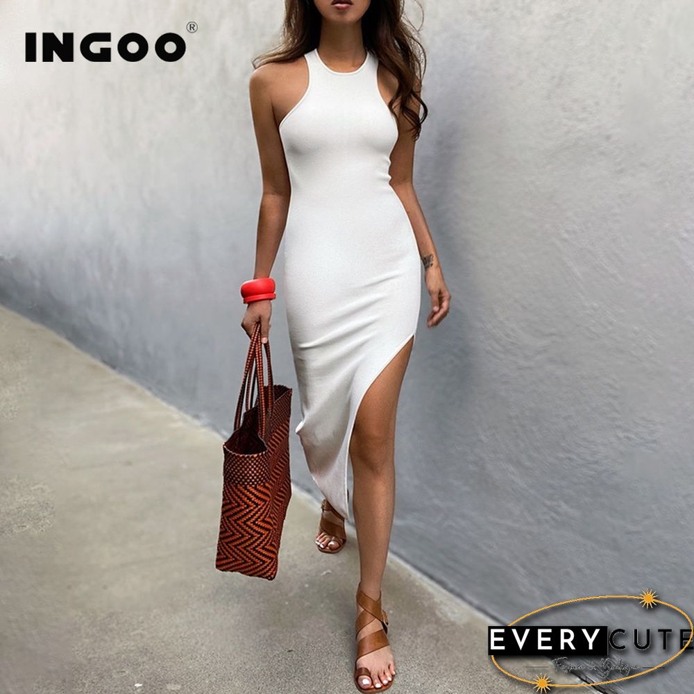 Bodycon Tank Dress Women Split Tight Commuter Long Robe Yellow Black Elegant Sundress Casual Office Knee Sheath Dresses