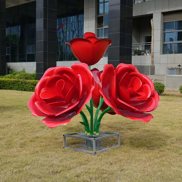 Large outdoor metal rose sculpture for garden and lawn decoration