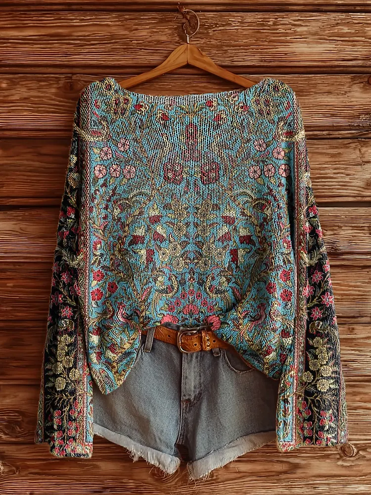 Women's Vintage Ethnic Floral Art Print Casual Pullover Sweater