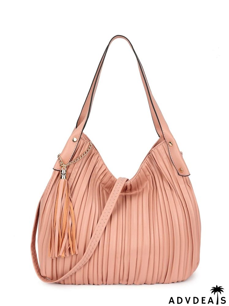 Chain & Tassel Decor Pleated Shoulder Tote Bag