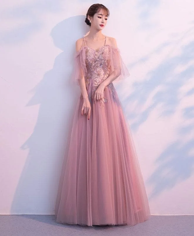 Dusty Pink Lace Tulle Long Prom Dress
