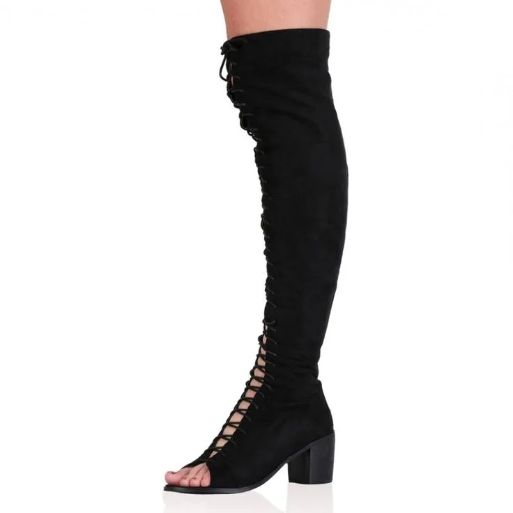 Black Thigh High Lace up Boots Open Toe Chunky Heel Vegan Suede Long Boots |FSJ Shoes