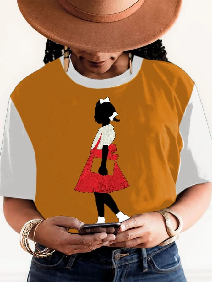 Women's Black Girl In Red Dress Art Printed Short-Sleeved T-Shirt 