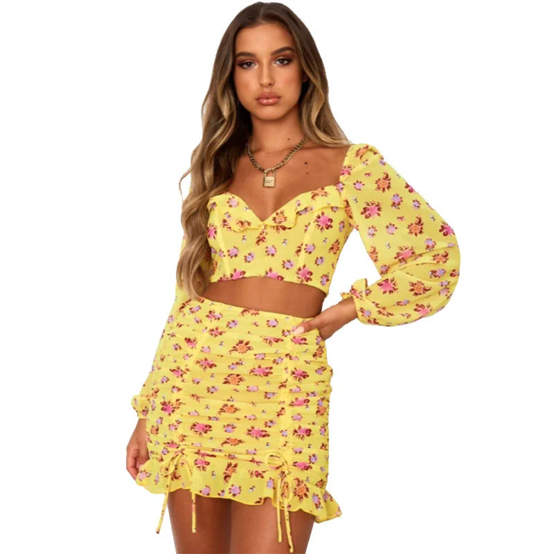 Colourp Women Fashion Suit Floral Print Bodycon Clothes Fall Summer Long Sleeve V Neck Shirt Tops+Ruched Skirts Ruffle Hem 2PCS Vacation
