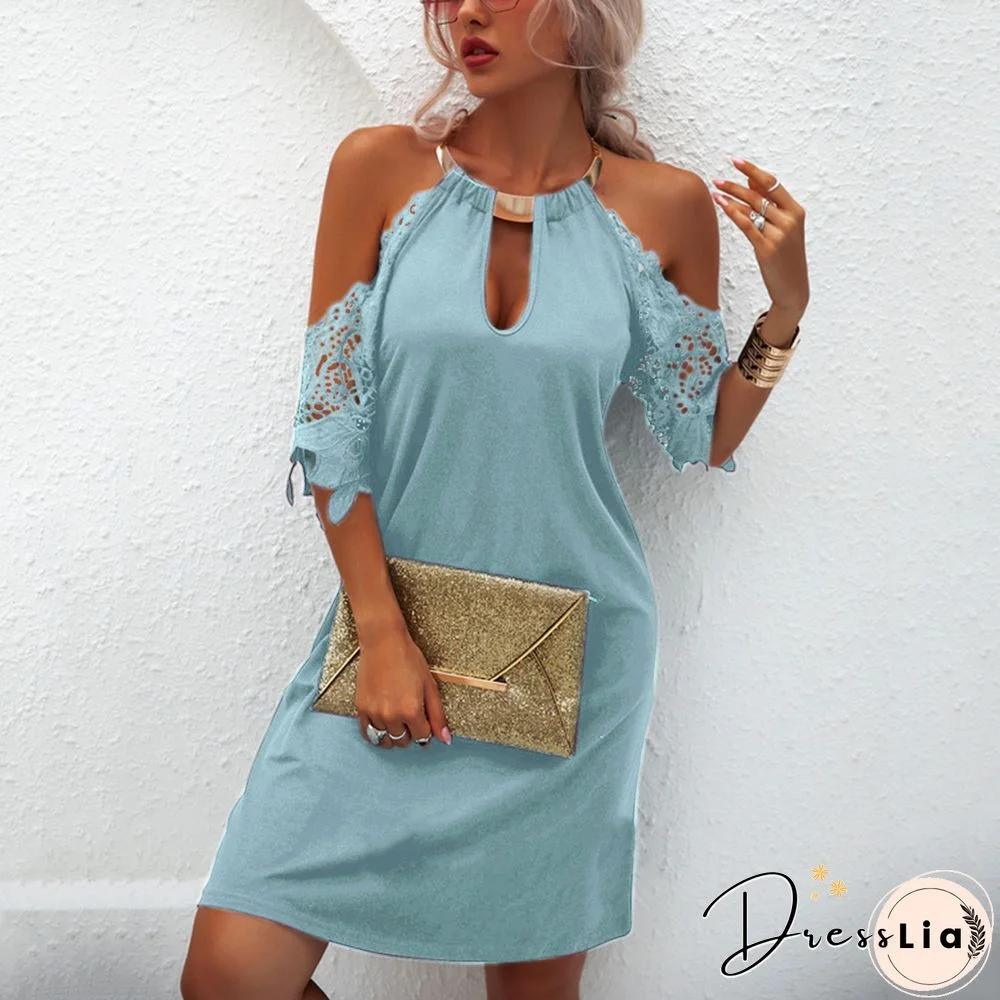 Women's Fashion Sexy Dress Evening Party Mini Dress Strapless Dresses Up Short Sleeve Lace Dew Shoulder Halter Neck Solid Color