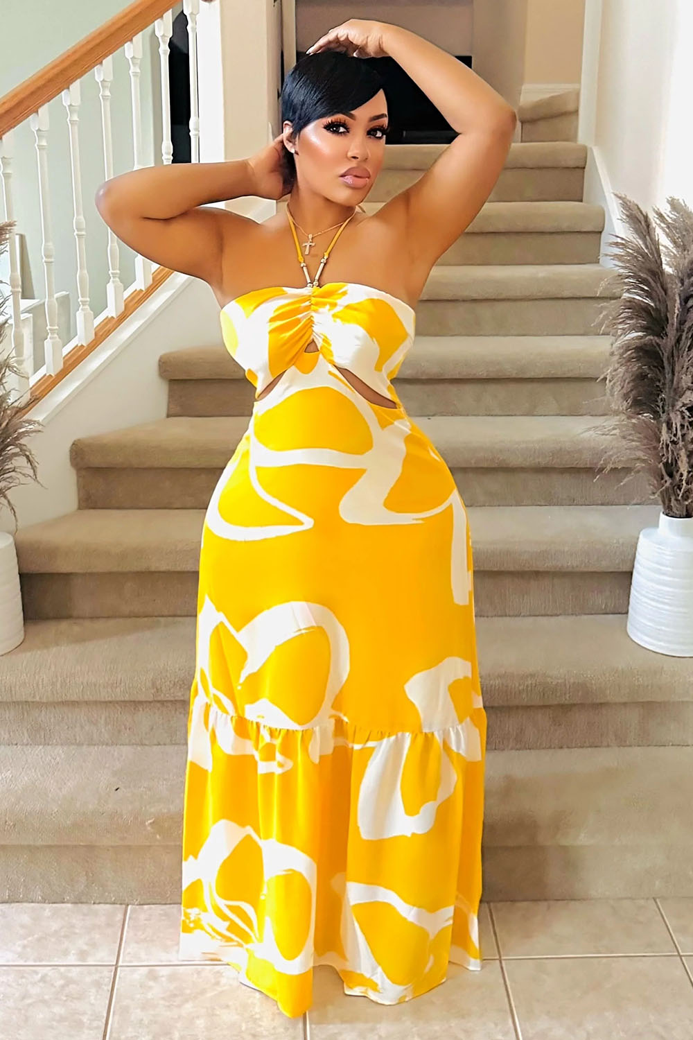 Print Ruched Halter Cutout Quilted Vacation Maxi Dresses-Yellow