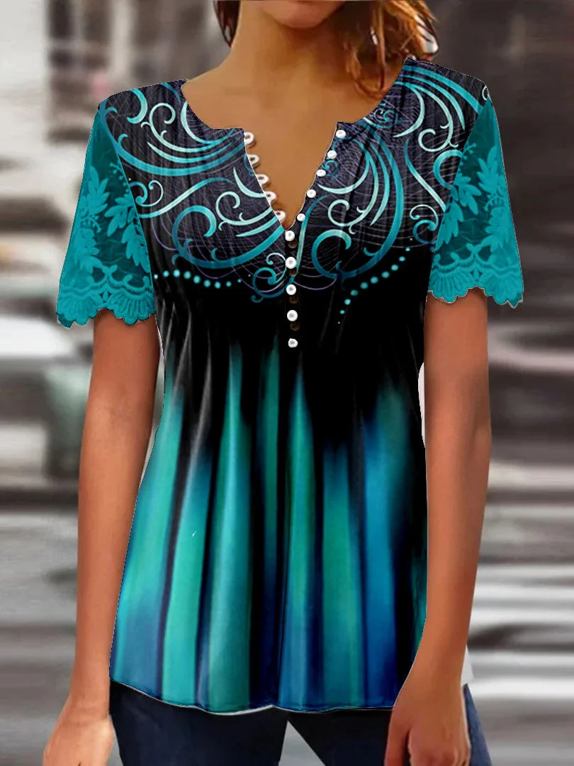 Women Short Sleeve V-neck Floral Printed Printed Graphic Lace Button Tops