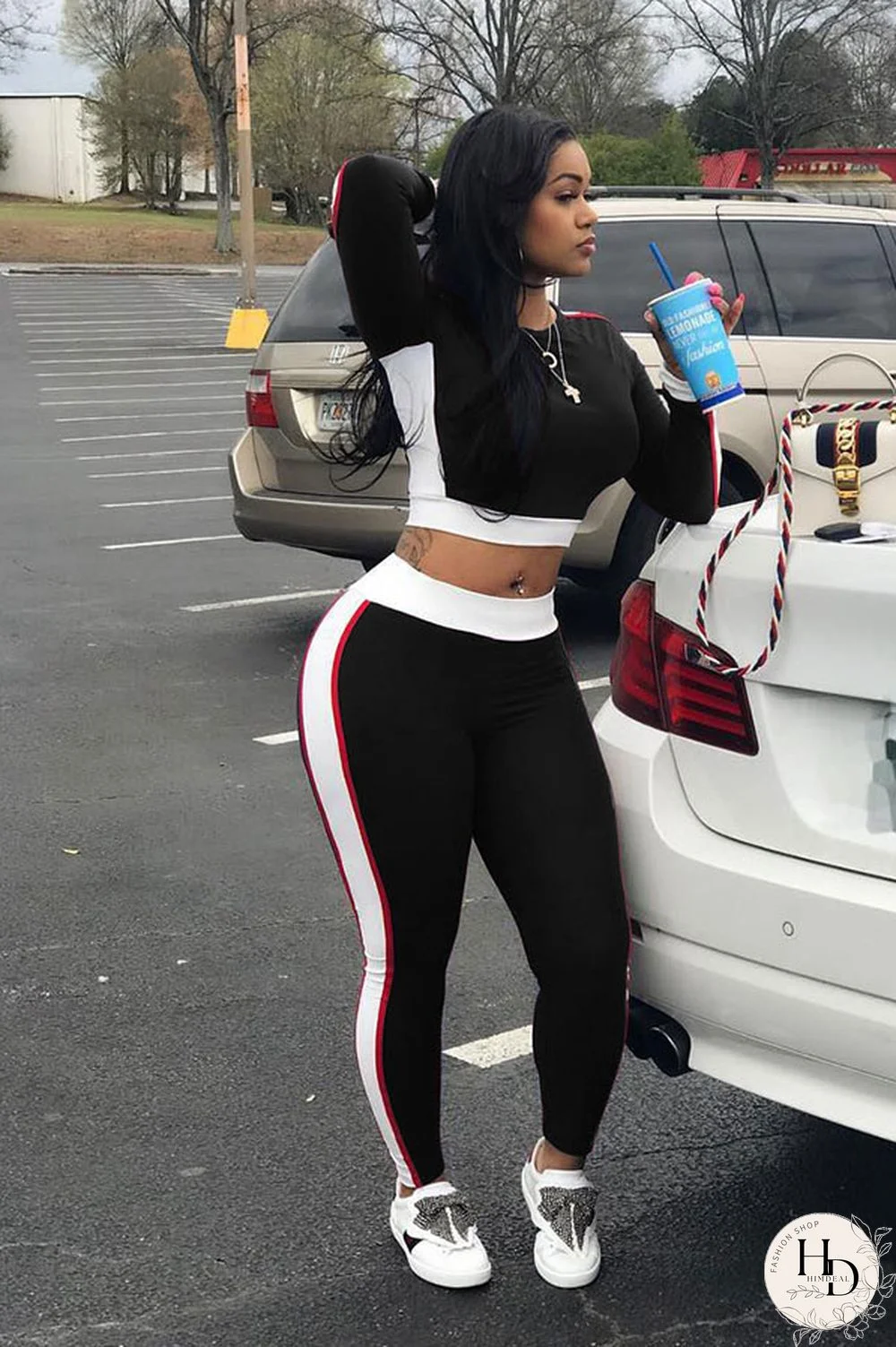 Navy Blue Elastic Fly Long Sleeve Mid Patchwork pencil Pants Two-piece suit