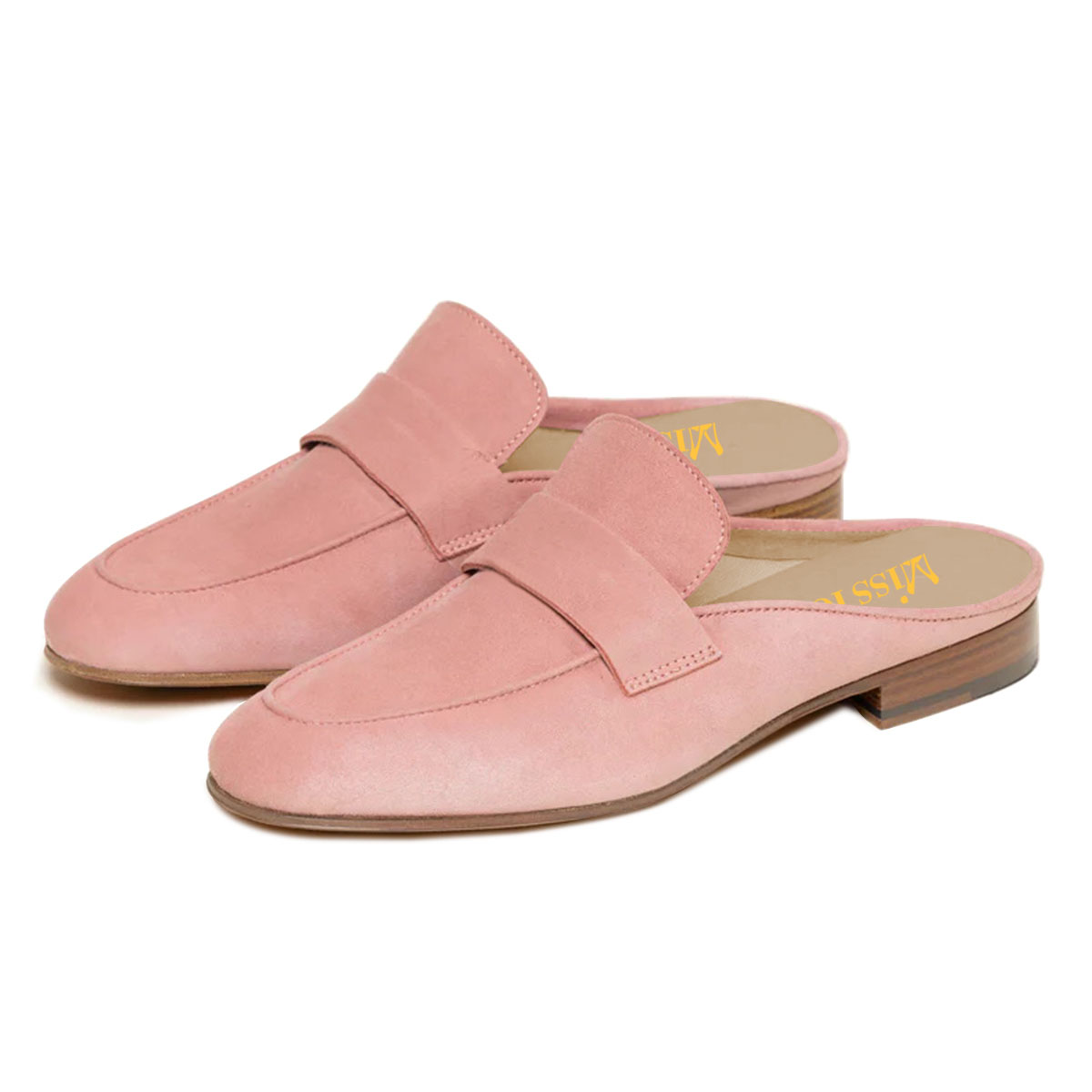 Pink Vegan Suede Slip-On Flat Womens Mules Shoes with Round Toe Nicepairs