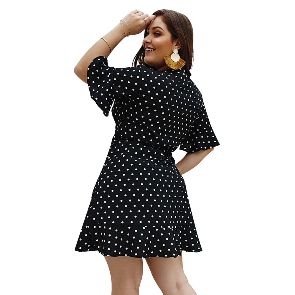 Plus Size Women Summer High Waist Polka Dot Boho Beach Dress New Fashion Ladies Beach Dress Casual Short Sleeve V-Neck Sundress