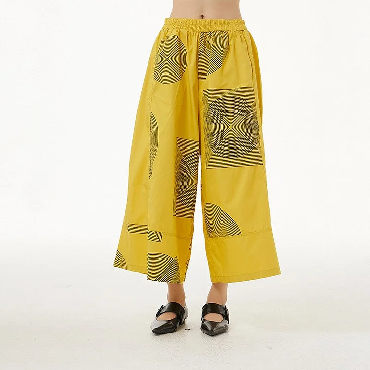 Fashion Irregular Geometrical Printed Elastic Waist Wide Leg Pants