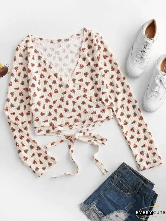 Floral Long Sleeve Wrap Blouse for Women