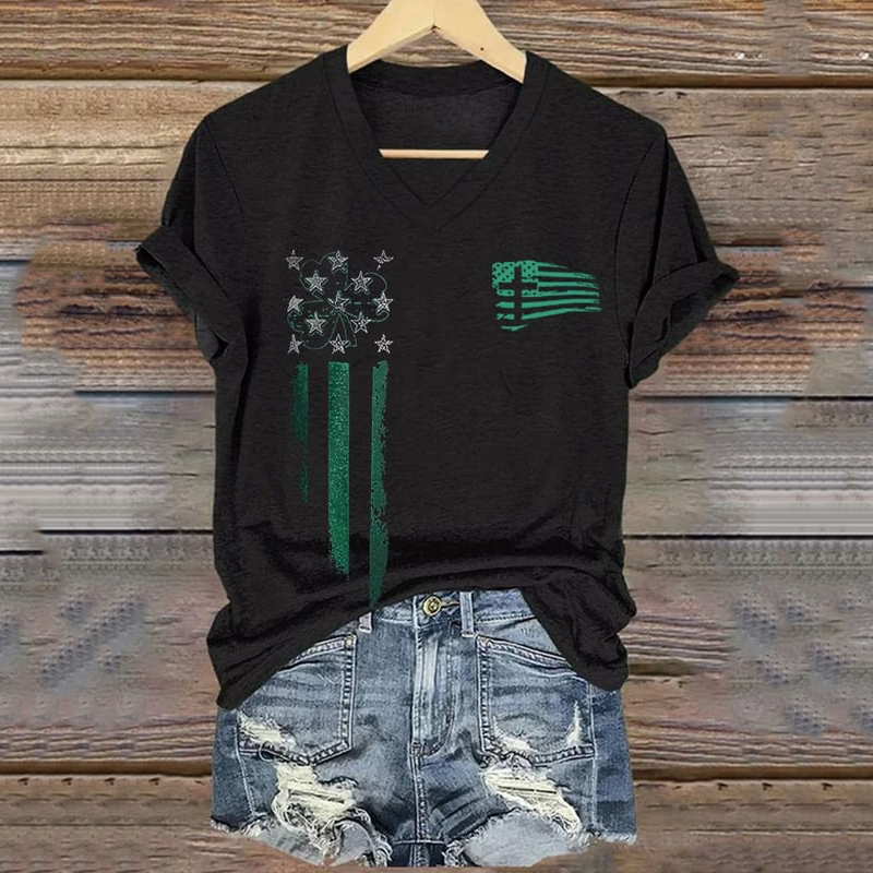 Comstylish St. Patrick's Day Flag Shamrock Print V-neck T-shirt