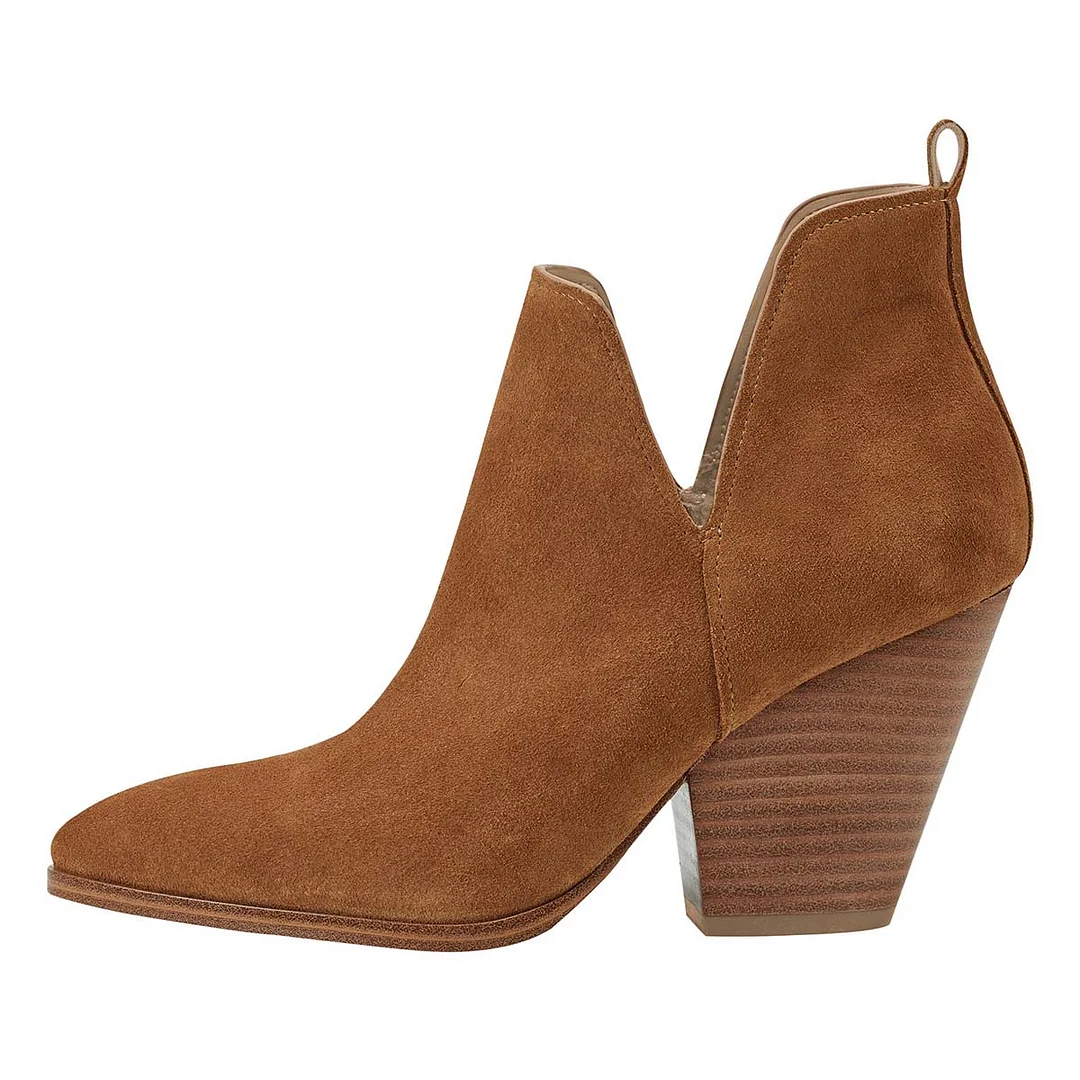 Brown Vegan Suede V Cut-Out Pointed Toe Stacked Heel Ankle Boots