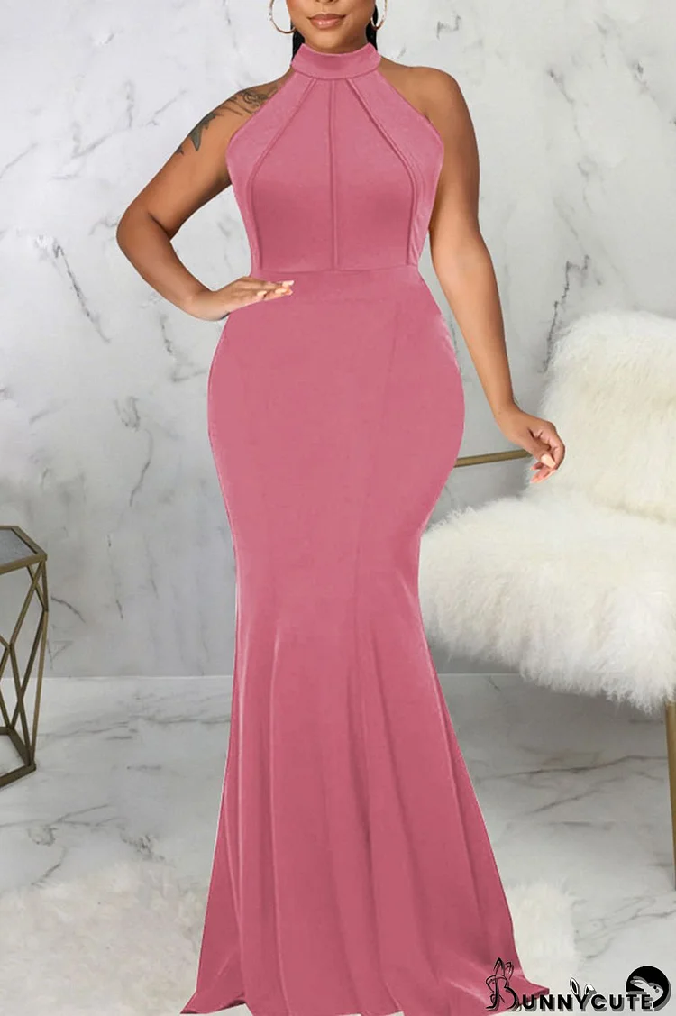 Pink Elegant Solid Patchwork Half A Turtleneck Evening Dress Dresses