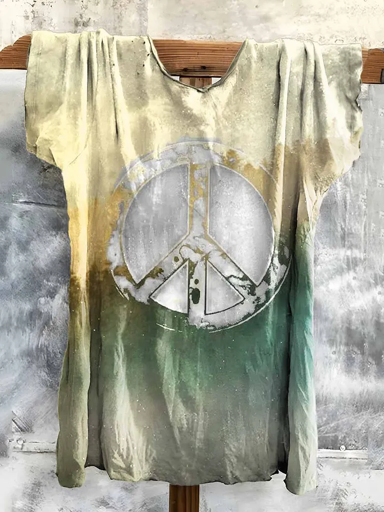 Women's Retro Hippie Peace Sign Patterns Prints Cotton Crew Neck Tee