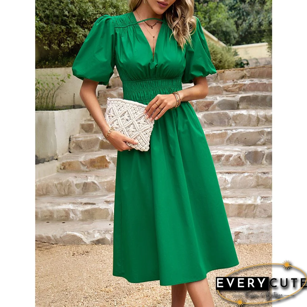 Green Solid V Neck Pleated Waist Midi Dress