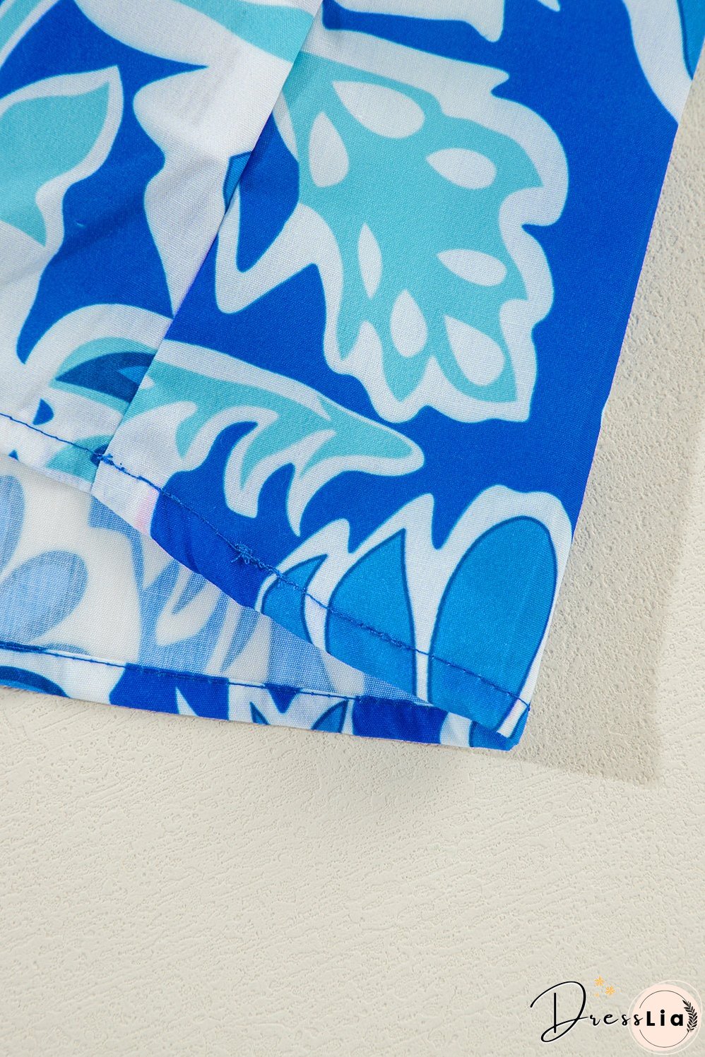 Blue Mix Floral Printed Lace Detail Bracelet Sleeve Blouse