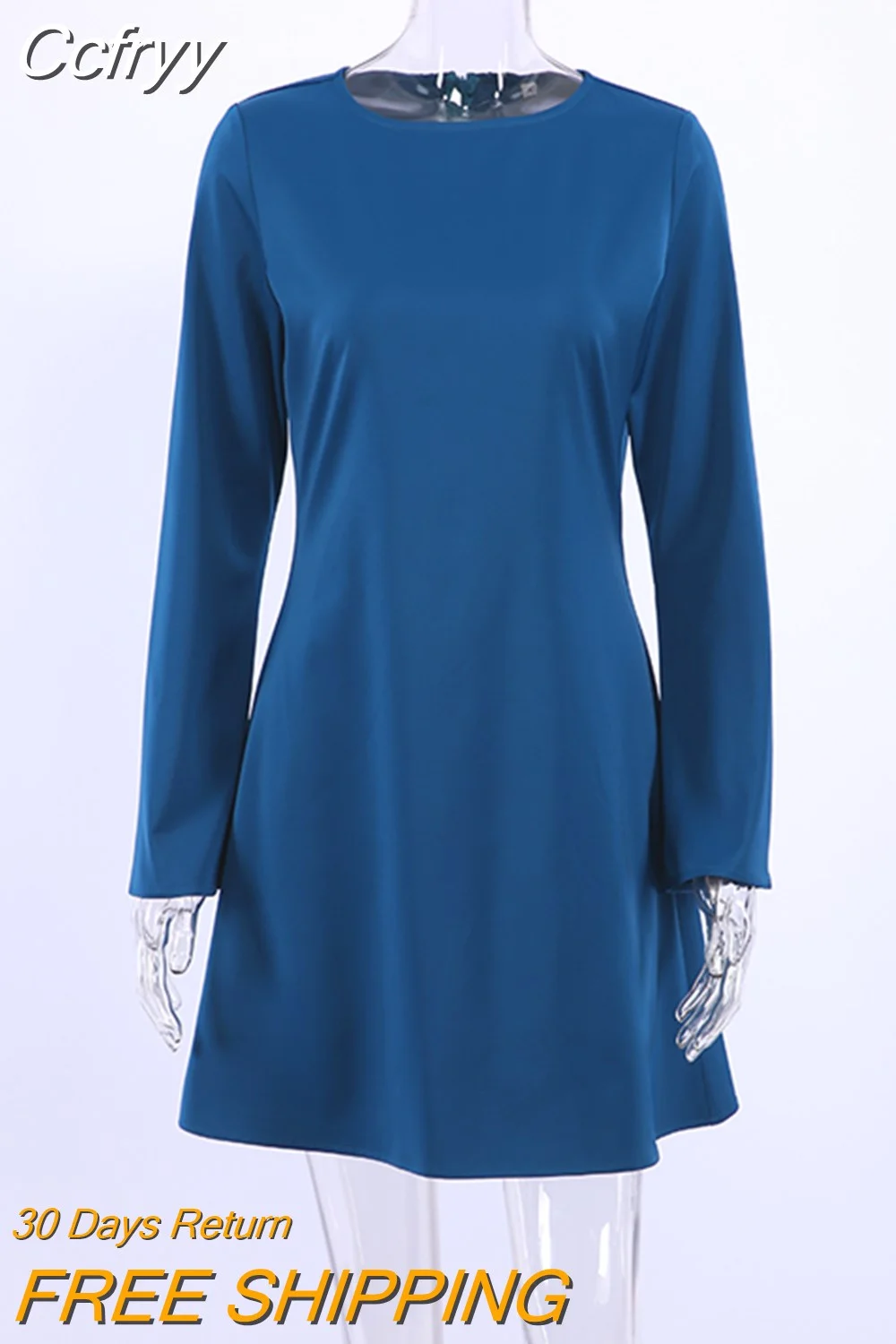 Huibahe Flare Sleeves Casual Women Satin Dress Blue Round Neck A-Line Dress Zipper Spring 2023 Summer Fashion Female Dress