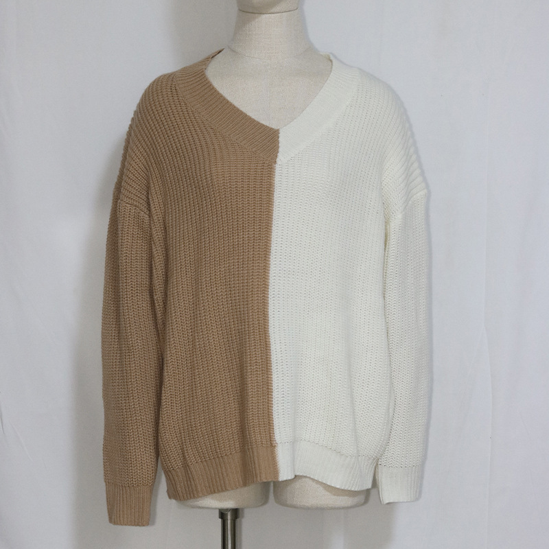 Ootddress V-Neck Waffle Knit Sweater Tops For Women Autumn 2025 New Patchwork Pullover Fashion Streetwear Casual Oversized Knitwear